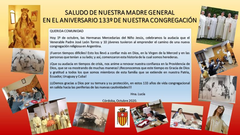 Saludo de nuestra Madre General en el Aniversario 133° de nuestra Congregación